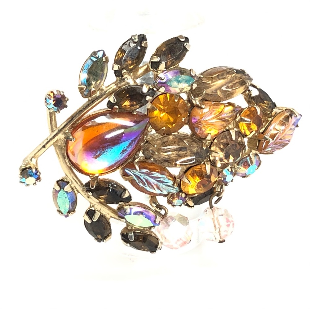 60s Weiss Aurora Borealis Molded Glass Leaf Brooch